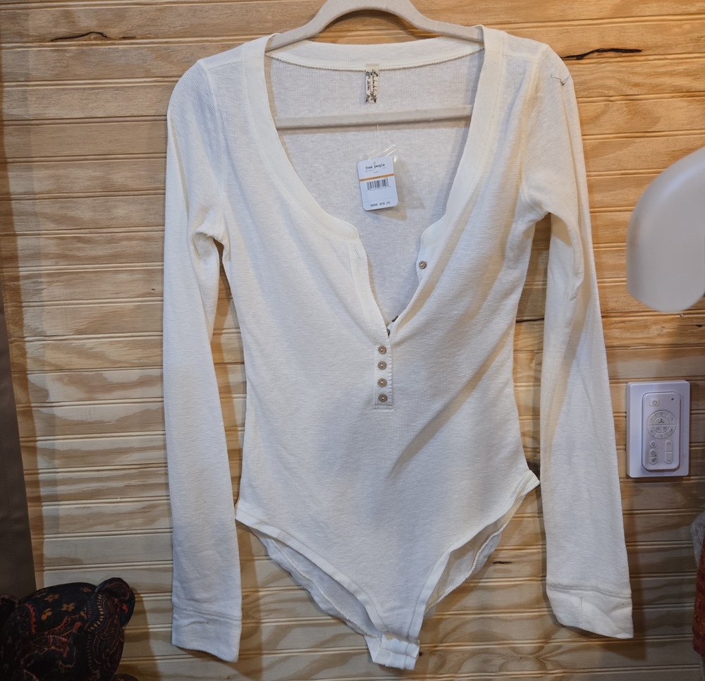 Free People Ivory Long-Sleeve Henley Bodysuit